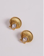 stainless steel diamante shell stud earrings in gold